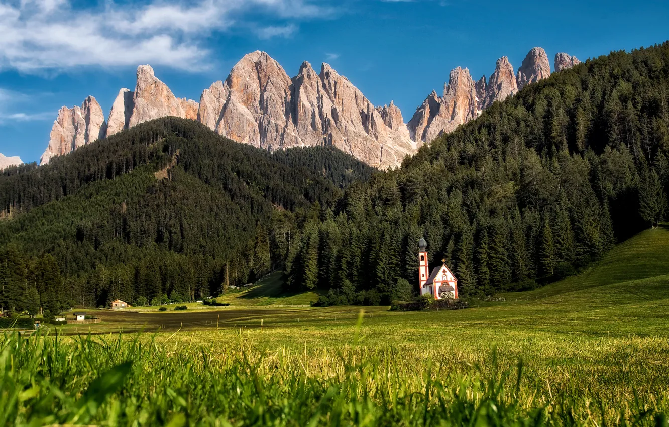 Photo wallpaper landscape, mountains, nature, village, Italy, Church, forest, meadows