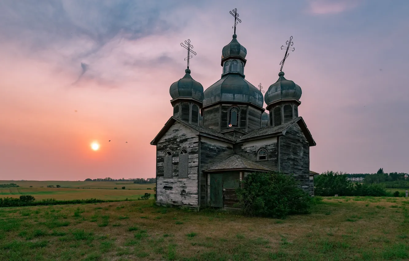 Photo wallpaper field, sunset, temple