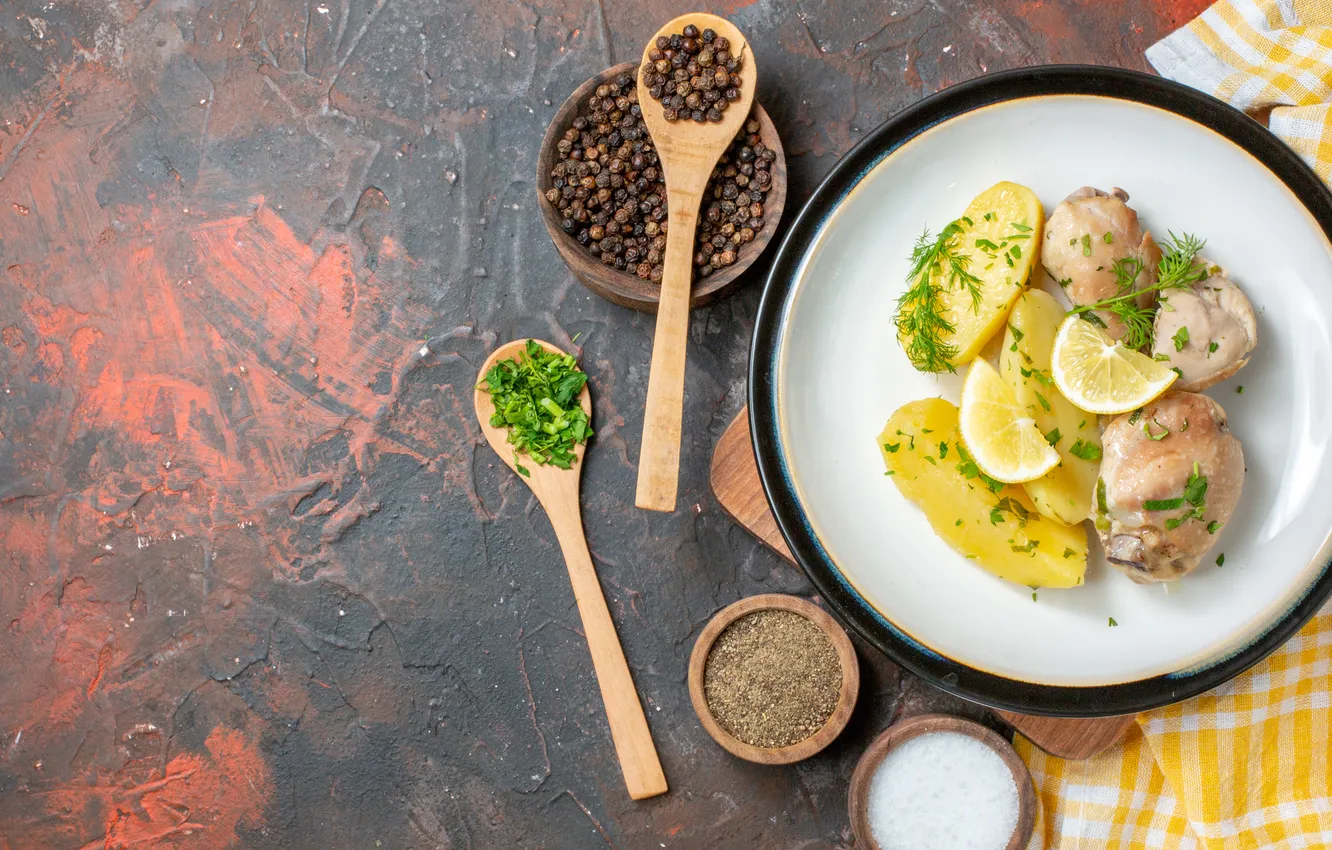 Photo wallpaper lemon, chicken, meat, potatoes