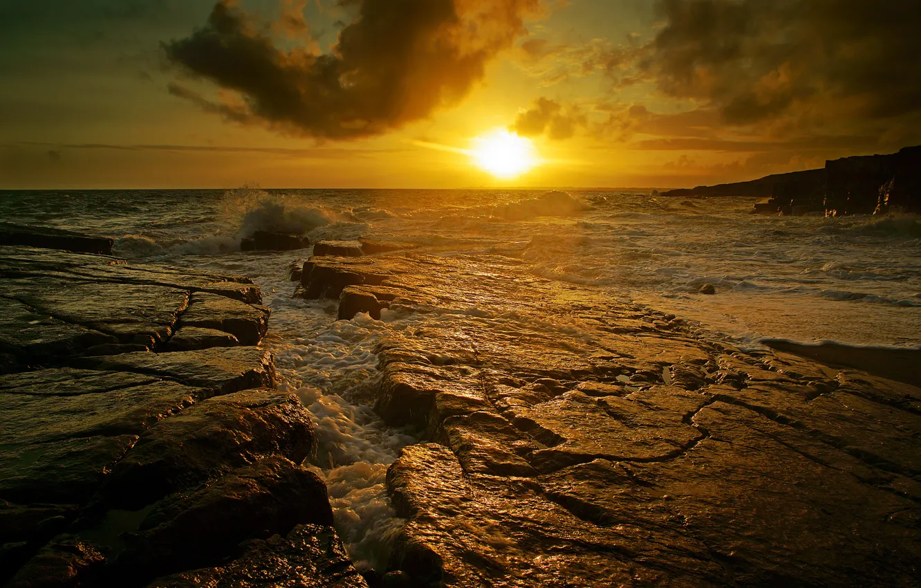Photo wallpaper sea, wave, sunset, stones