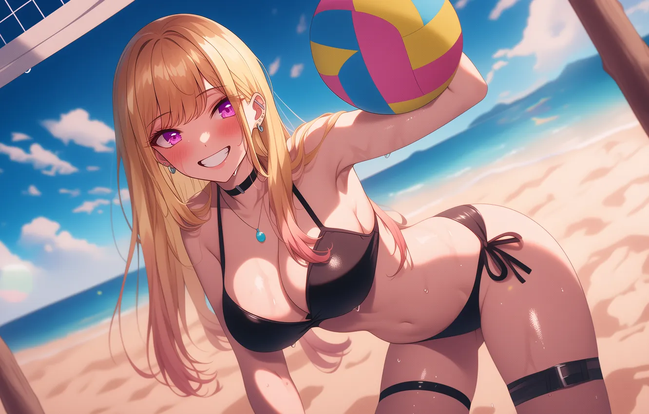 Photo wallpaper beach, swimsuit, eyes, smile, anime, bikini, beach, anime