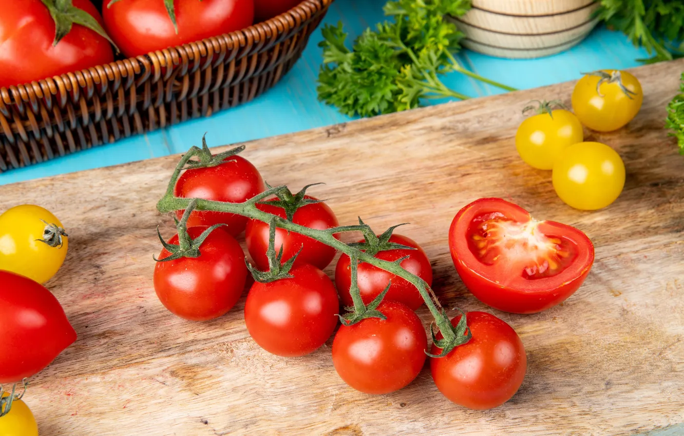 Photo wallpaper table, vegetables, tomatoes, parsley