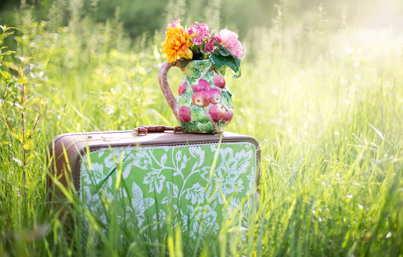 Photo wallpaper summer, grass, flowers, nature, suitcase, pitcher