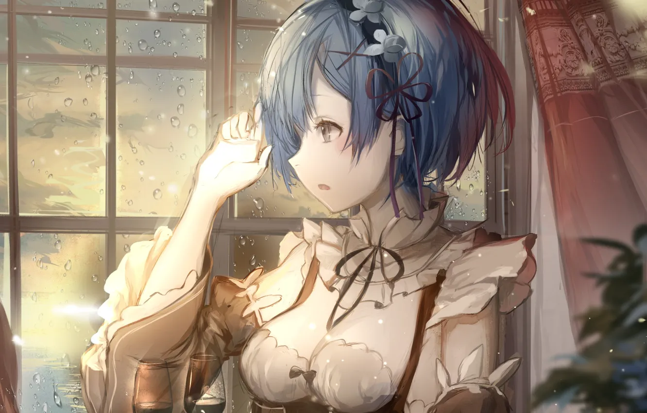 Photo wallpaper girl, drops, wine, window, art, re zero kara hajime chip isek or seikatsu, REM