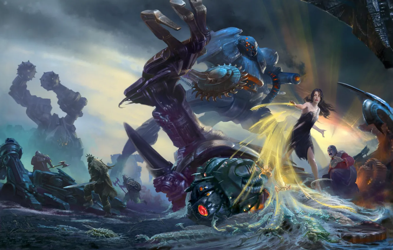 Photo wallpaper girl, weapons, robot, battle, warrior, insect, a mixture of genres