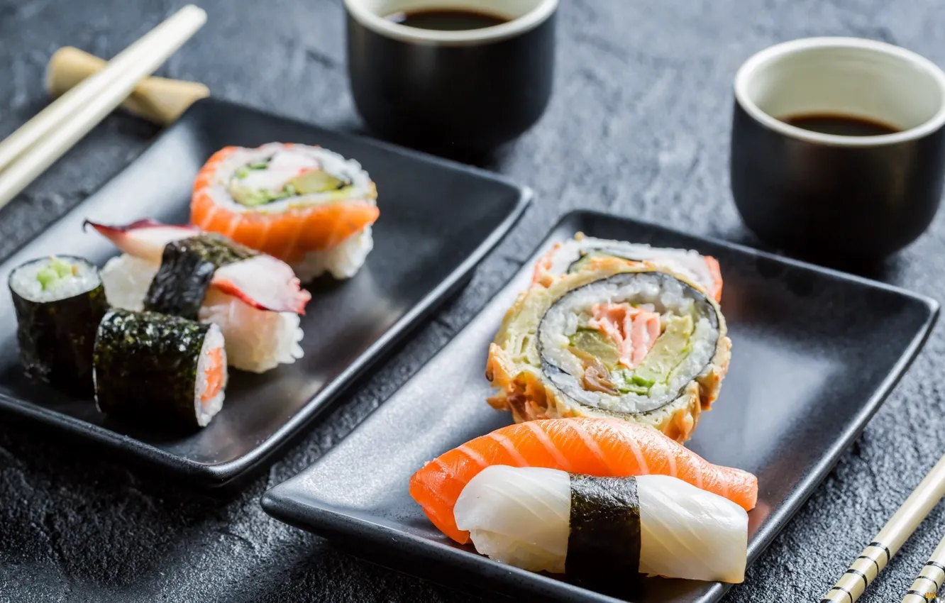 Photo wallpaper fish, sauce, sushi, seafood