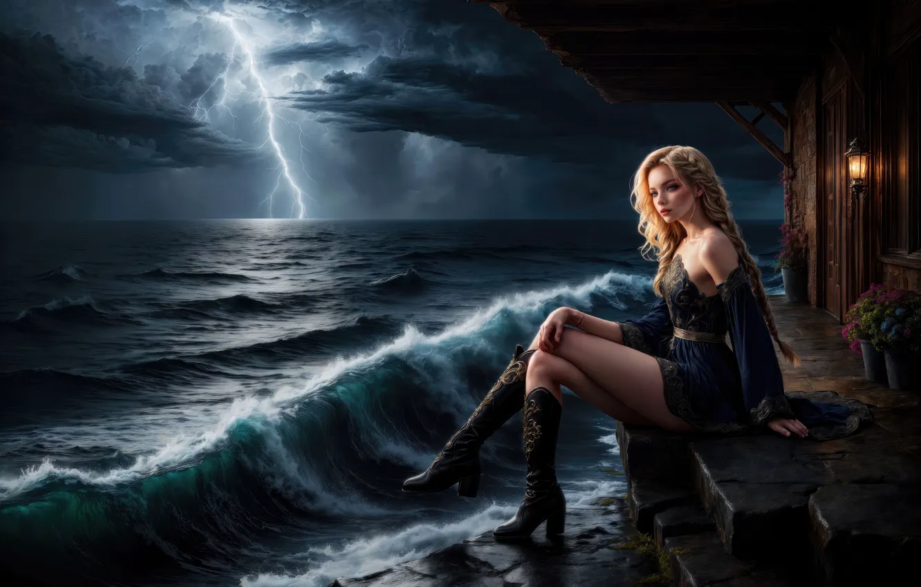 Photo wallpaper girl, sea, tempest, thundering