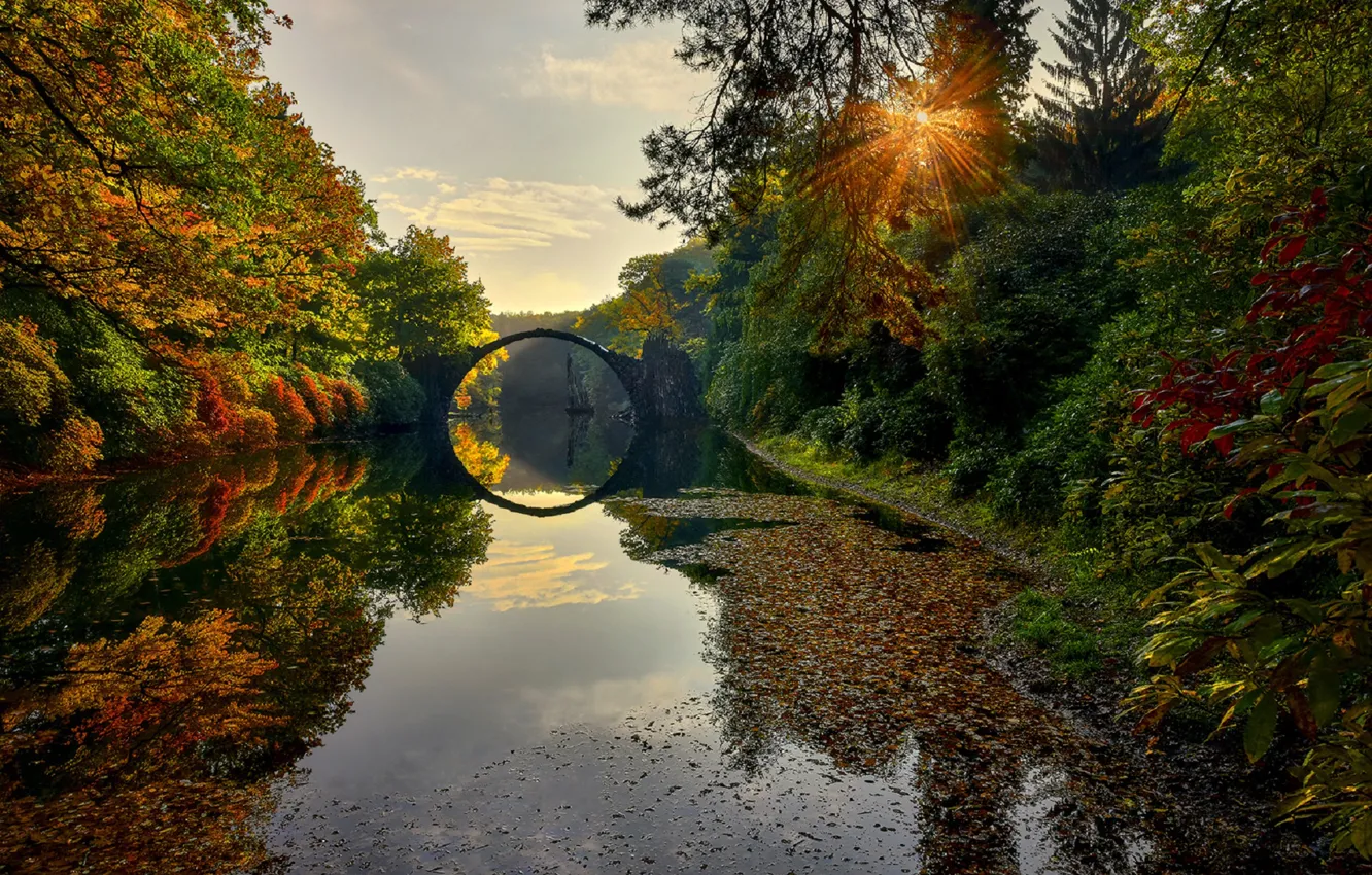 Photo wallpaper autumn, the sun, bridge, river, Germany, The Devils Bridge