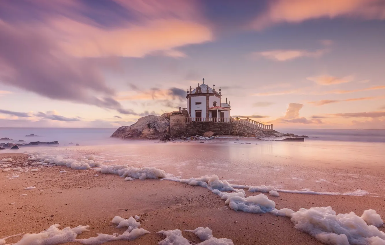 Photo wallpaper sea, wave, shore, morning, surf, Church, chapel