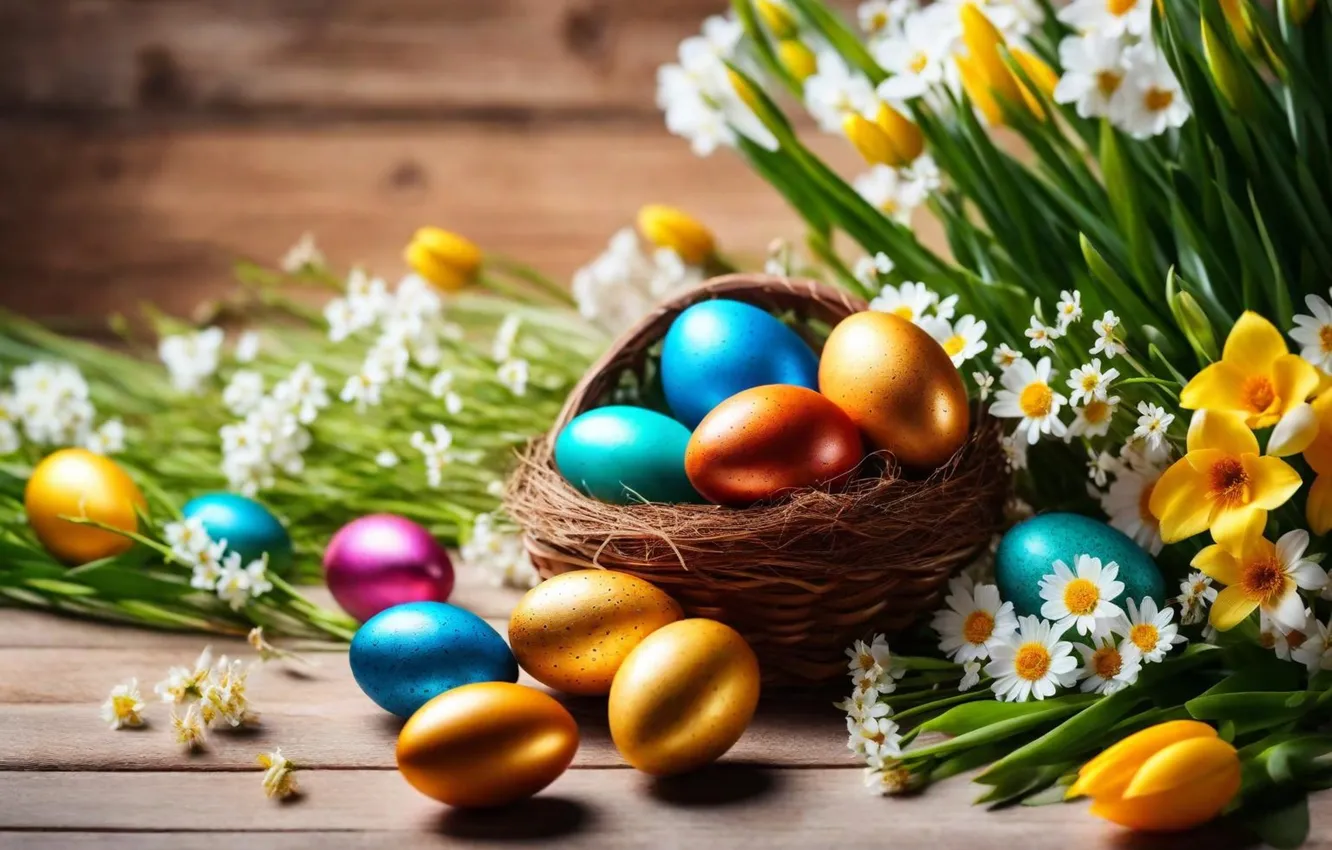 Photo wallpaper flowers, eggs, spring, colorful, Easter, flowers, spring, Easter