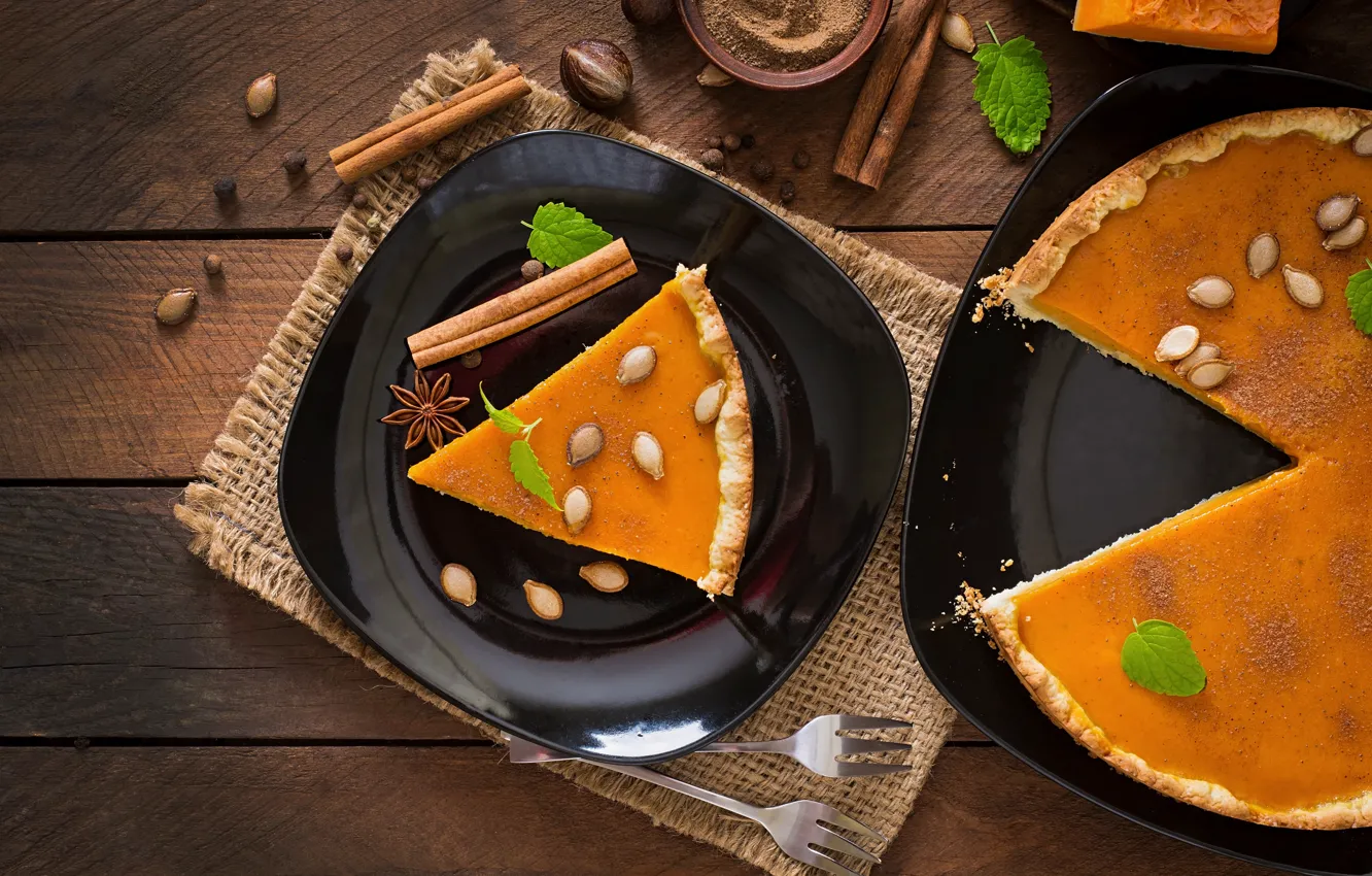 Photo wallpaper plate, pie, pumpkin, nuts, cinnamon, Timolina