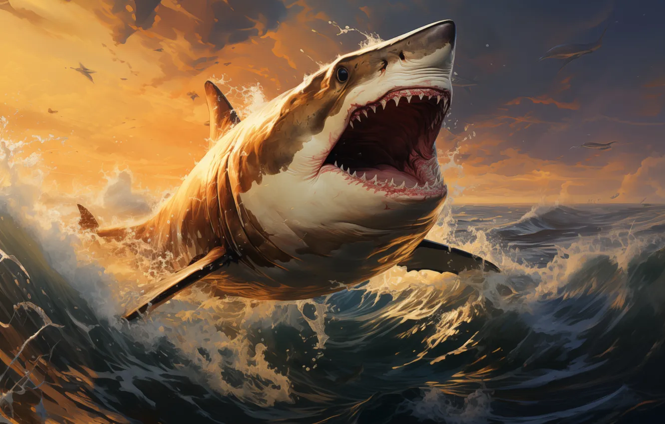 Photo wallpaper wave, predator, shark, teeth, mouth, digital art, AI art, The Art of Artificial Intelligence