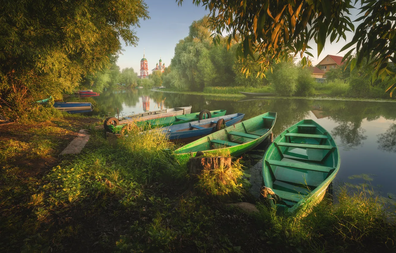 Photo wallpaper summer, landscape, nature, the city, river, boats, morning, Pereslavl-Zalesskiy