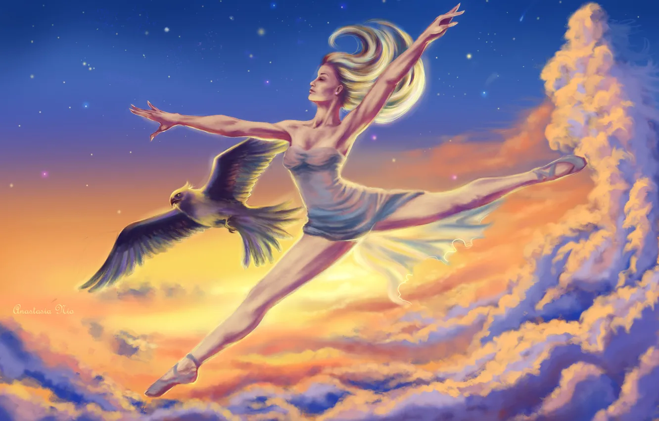 Photo wallpaper the sky, girl, clouds, bird, hair, art, profile, ballerina