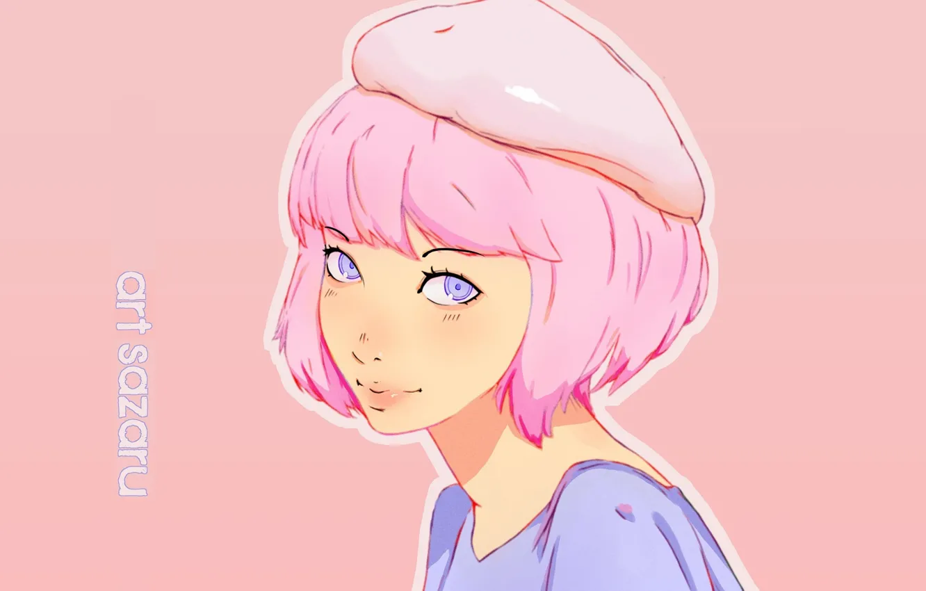 Photo wallpaper face, shoulders, pink background, takes, art, pink hair, portrait of a girl, Sazaru