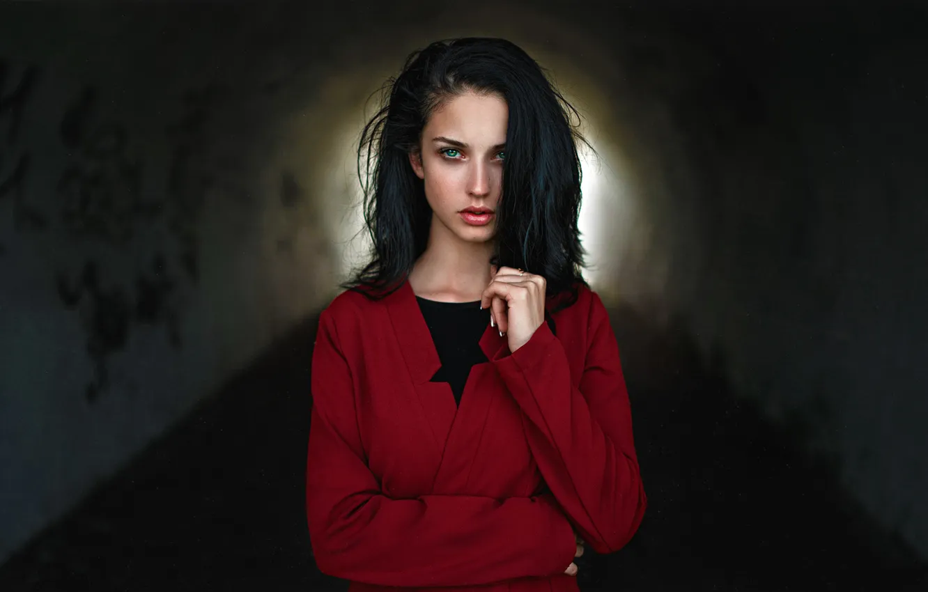 Photo wallpaper Red, Girl, Look, Model, Hair, Cloak, Black, Alla Berger