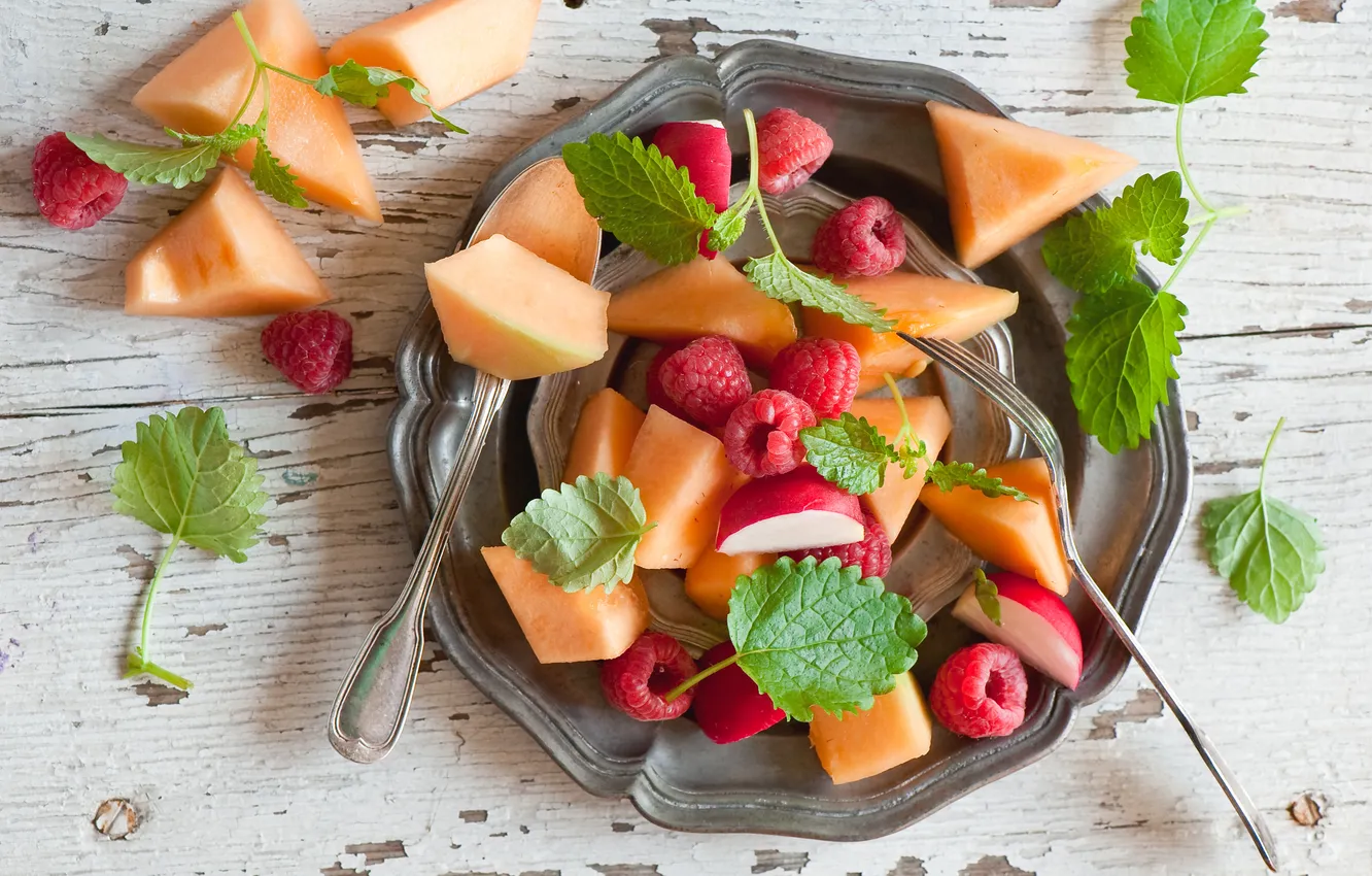 Photo wallpaper berries, raspberry, fruit, peaches, fruit salad