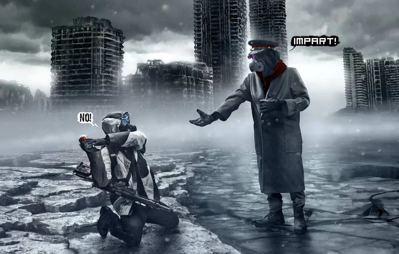 Photo wallpaper winter, the city, art, mug, captain, ruins, sniper, romance of the Apocalypse