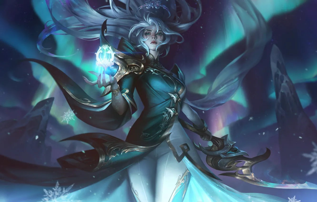 Photo wallpaper weapons, magic, woman, game, League of Legends, polar lights, Diana, the character in the game