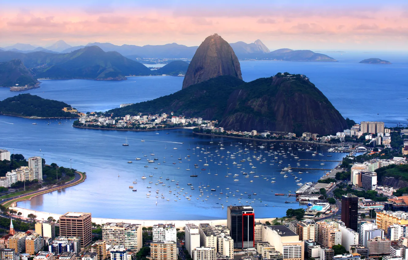 Photo wallpaper mountains, coast, home, boats, panorama, Bay, boats, Brazil