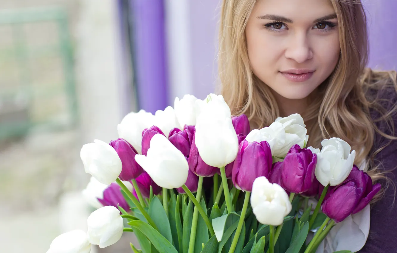 Photo wallpaper girl, flowers, bouquet, blonde, purple, tulips, white, bokeh