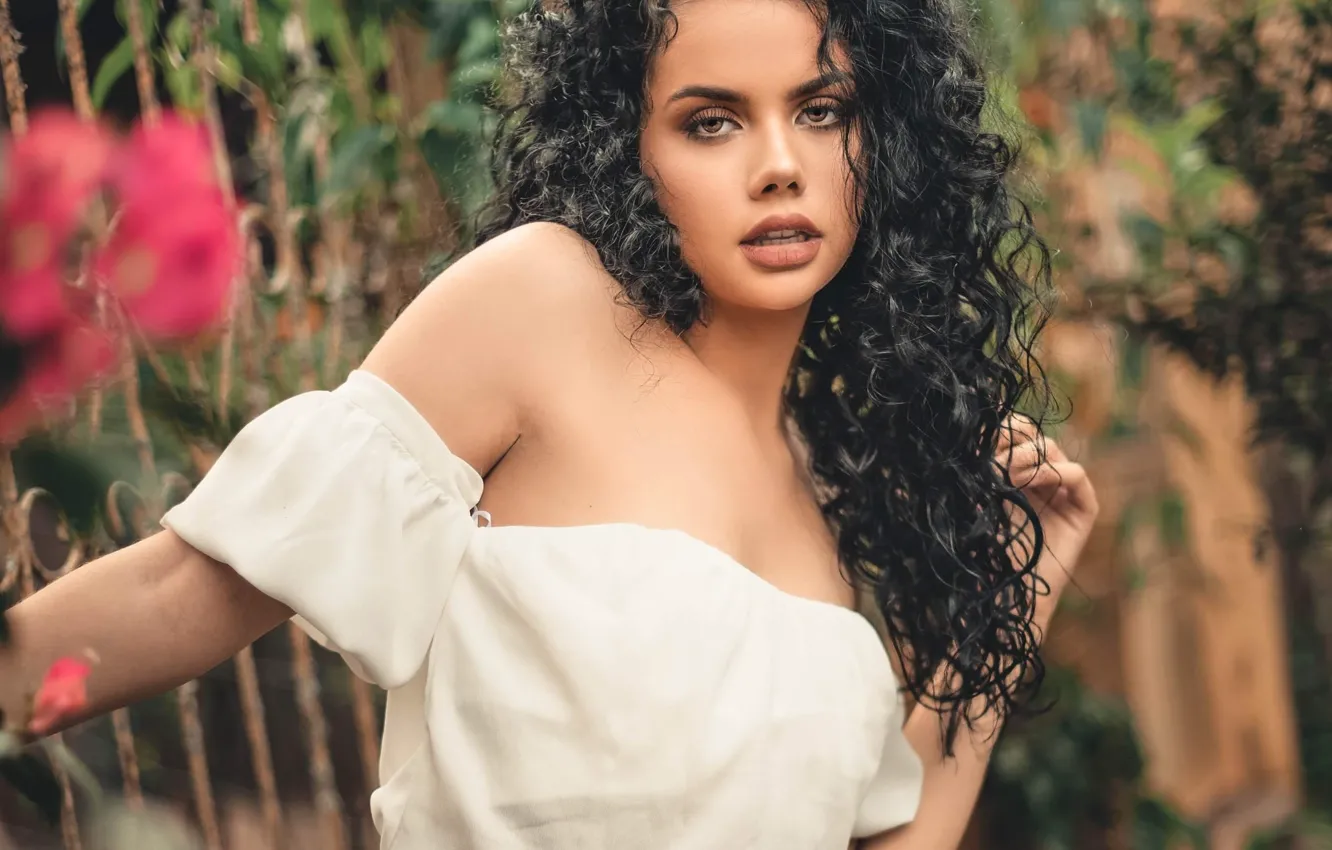 Photo wallpaper girl, flowers, nature, fence, makeup, brunette, neckline, blouse