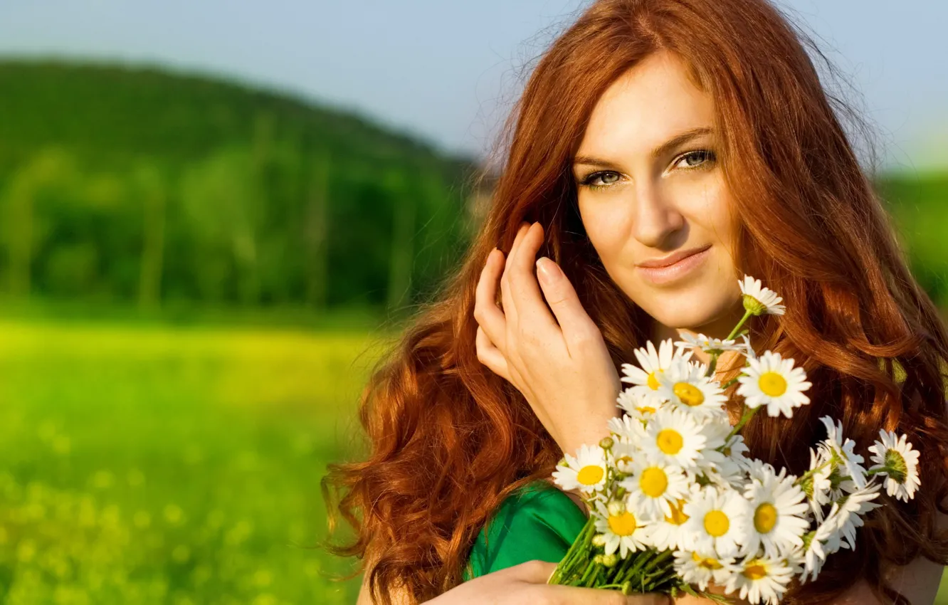 Photo wallpaper girl, flowers, chamomile, redhead