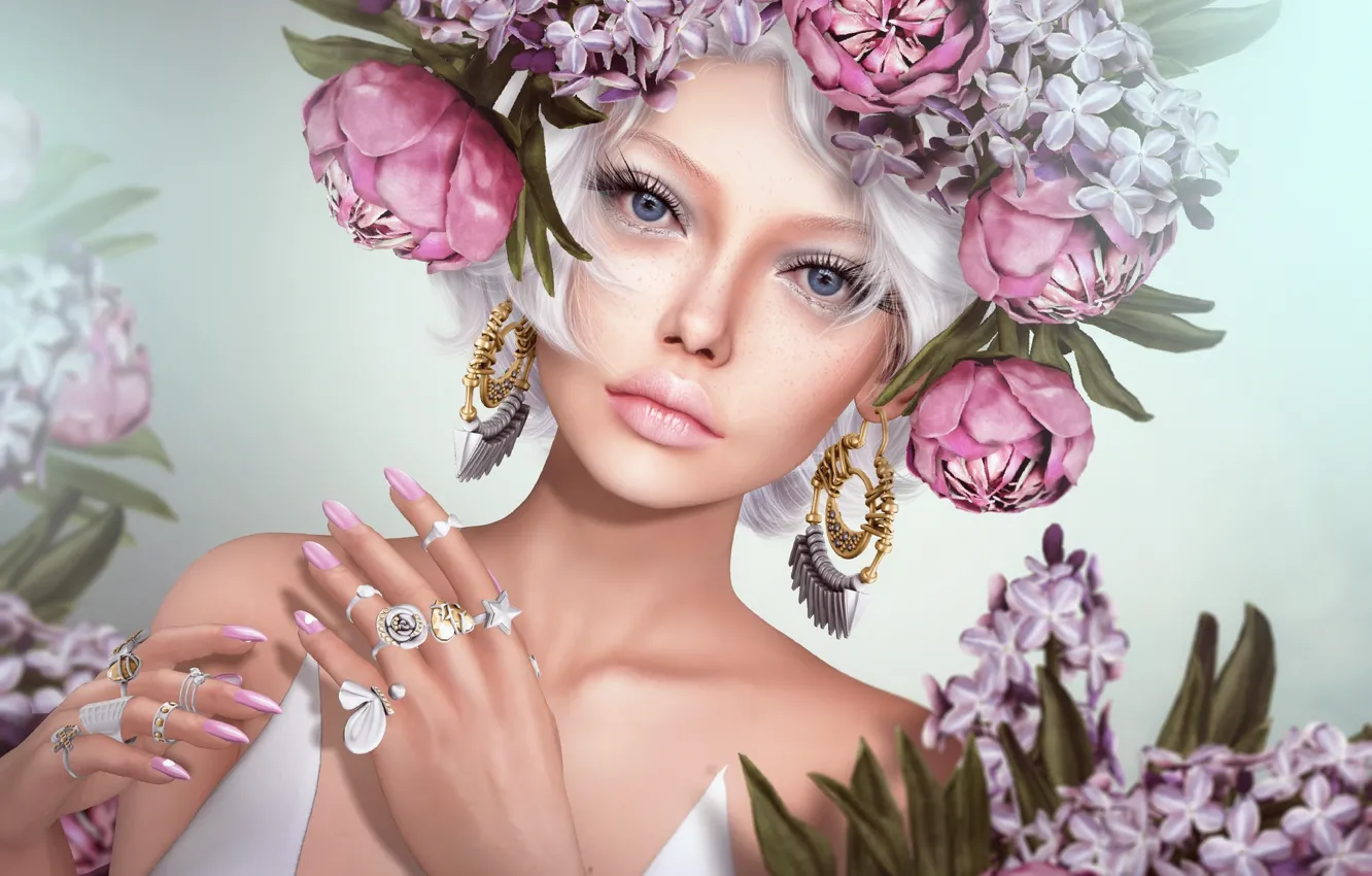 Photo wallpaper girl, flowers, ring, earrings, wreath