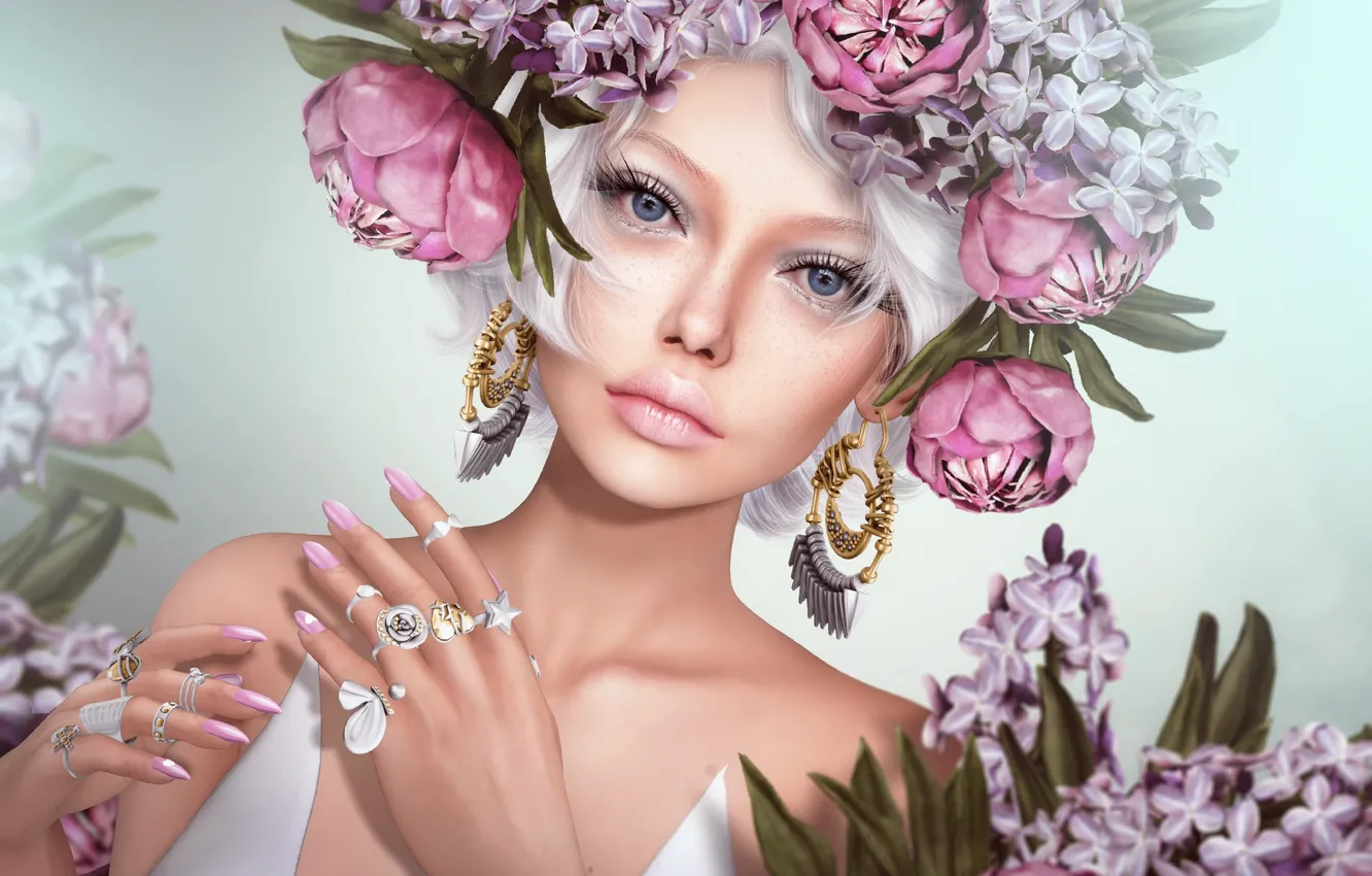 Photo wallpaper girl, flowers, earrings, ring, wreath
