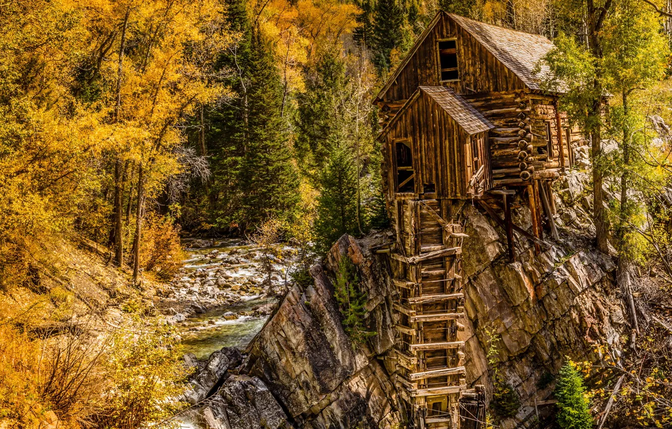 Photo wallpaper autumn, mountains, house