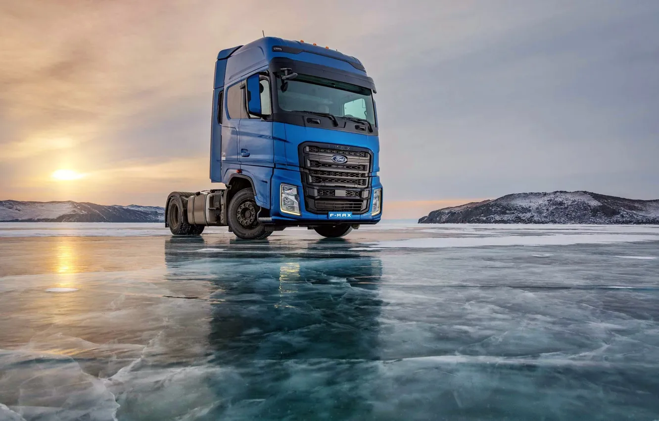Photo wallpaper ice, sunset, Ford Trucks, Ford F-Max, Baikal Lake