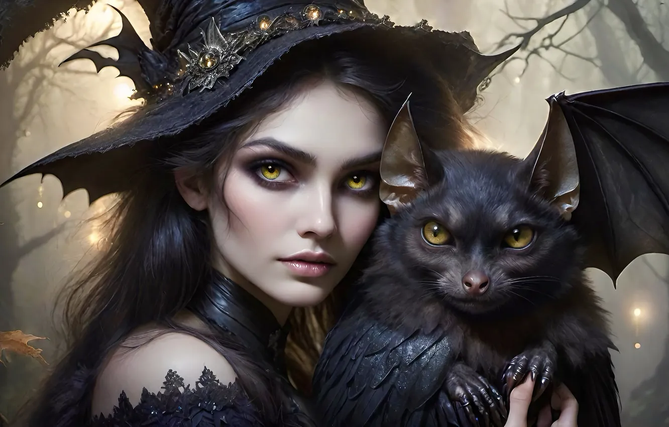 Photo wallpaper forest, look, girl, trees, lights, fog, portrait, wings