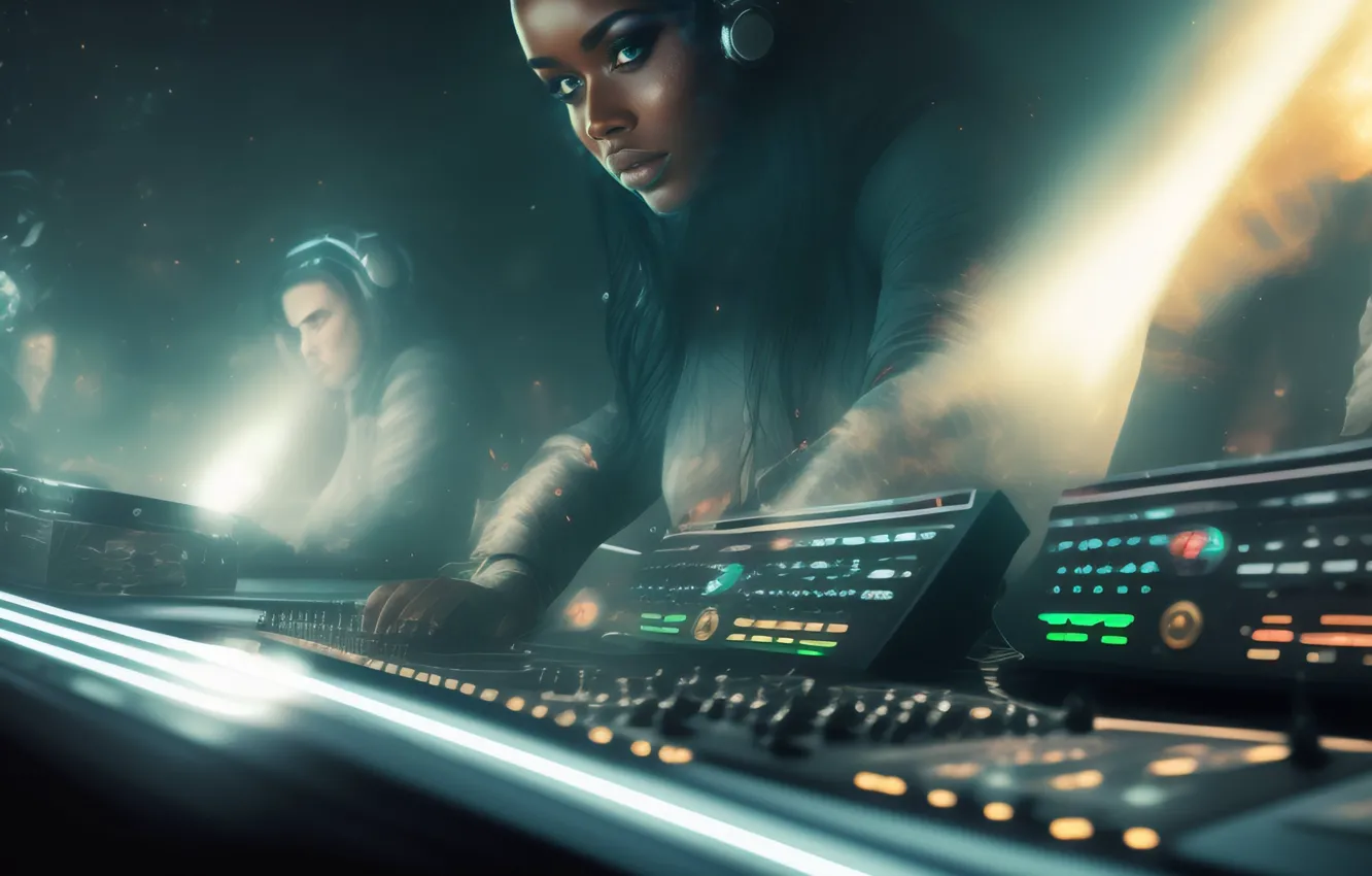 Photo wallpaper girl, light, fog, music, headphones, haze, Night Club, spotlight