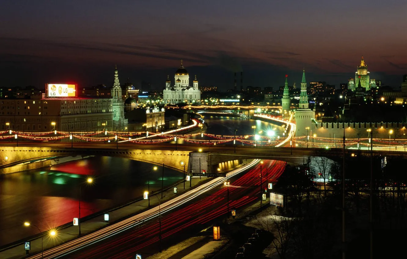 Photo wallpaper night, lights, Moscow, temple, The Moscow river