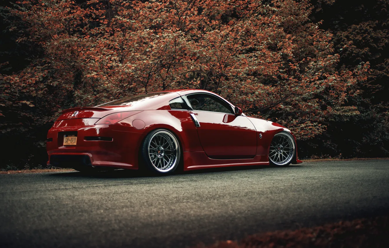 Photo wallpaper road, red, red, Nissan, Nissan, 350Z, stance, kit
