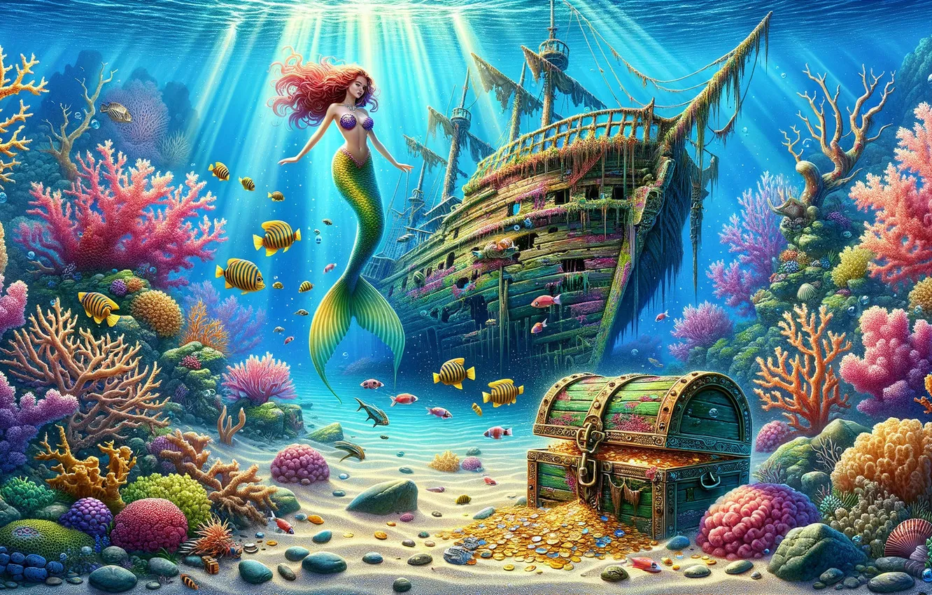Photo wallpaper ship, mermaid, corals, chest