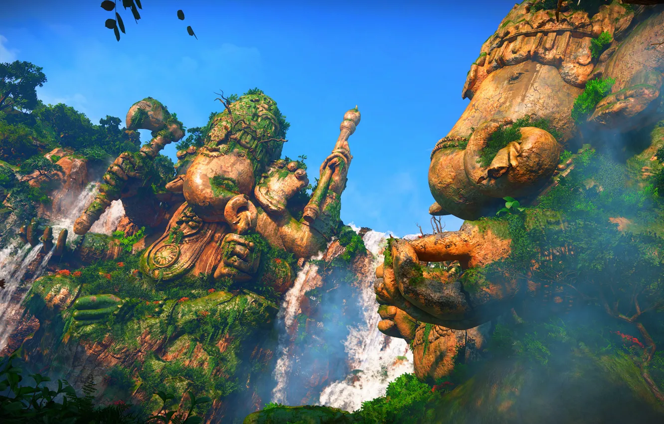 Photo wallpaper waterfall, statue, Uncharted: The Lost Legacy, Ganesha