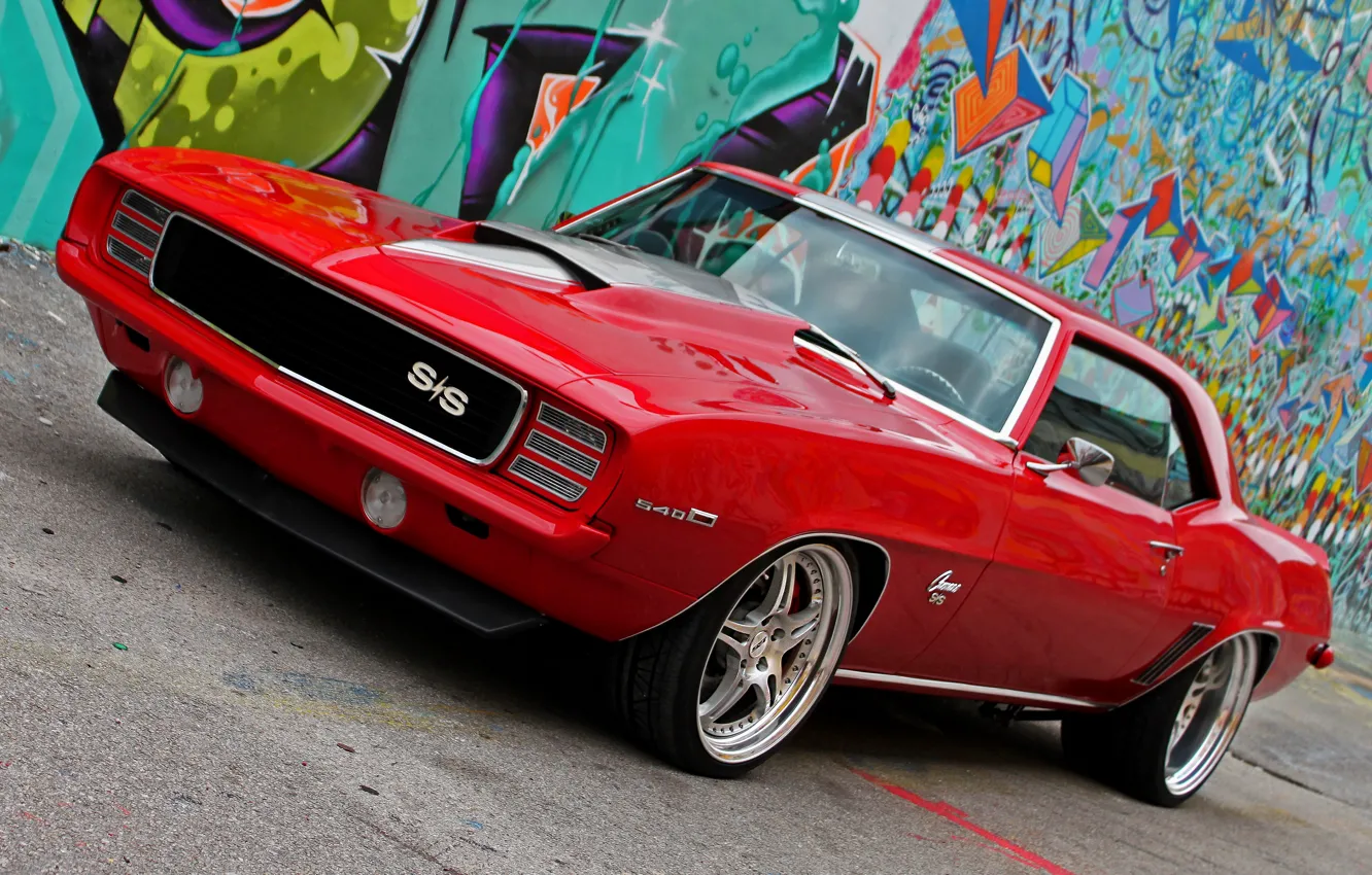 Photo wallpaper 1969, Camaro, red, Chevy, graffity, HRE's