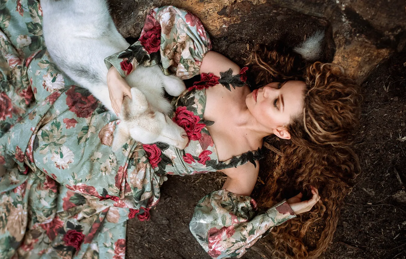 Photo wallpaper girl, pose, dress, neckline, curls, long hair, closed eyes, goat