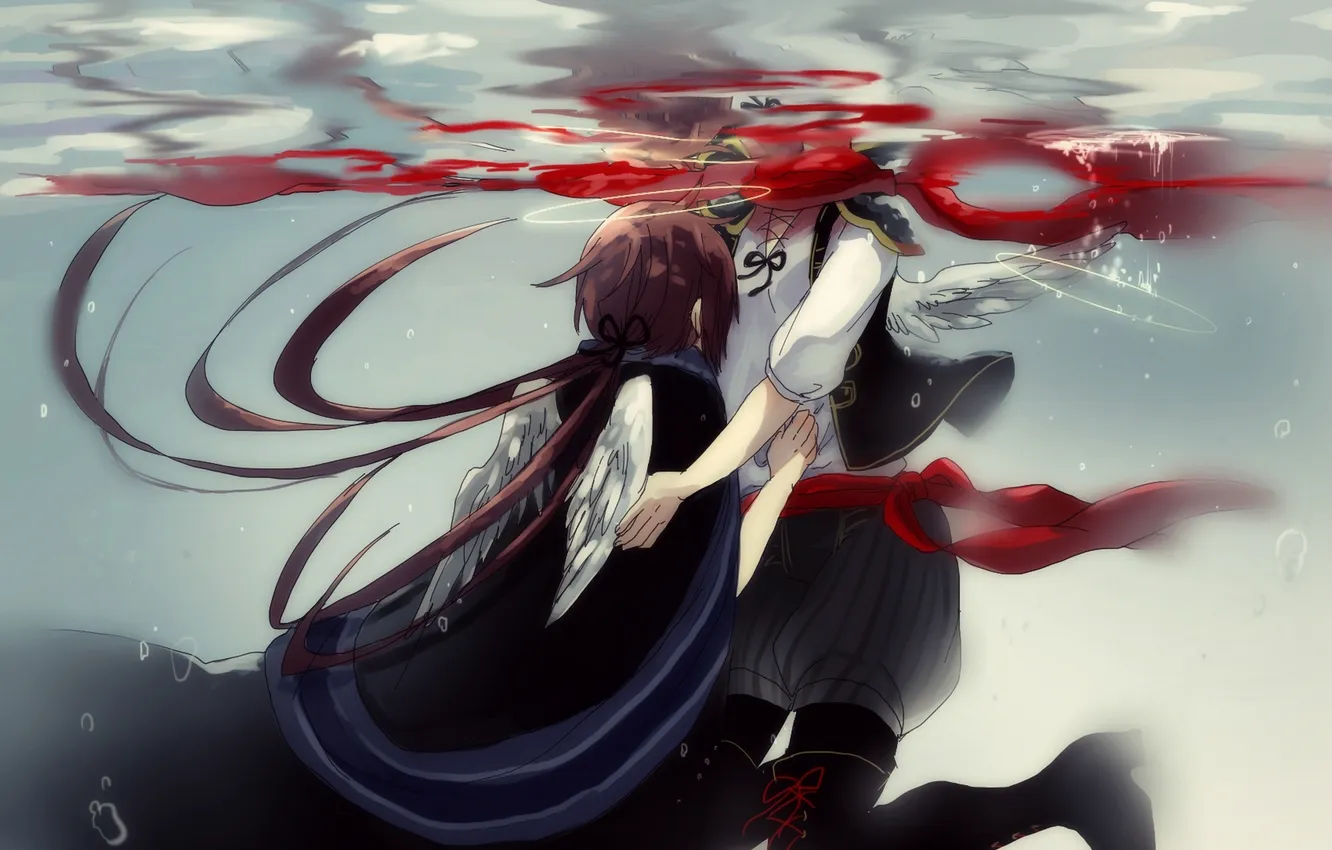Photo wallpaper wings, anime, scarf, art, guy, two, under water, canarinu kmes
