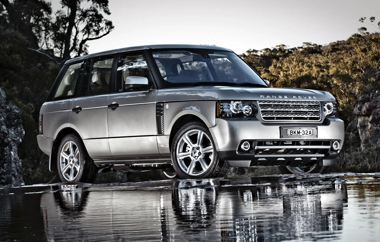 Photo wallpaper water, reflection, background, jeep, Land Rover, Range Rover, the front, Range Rover