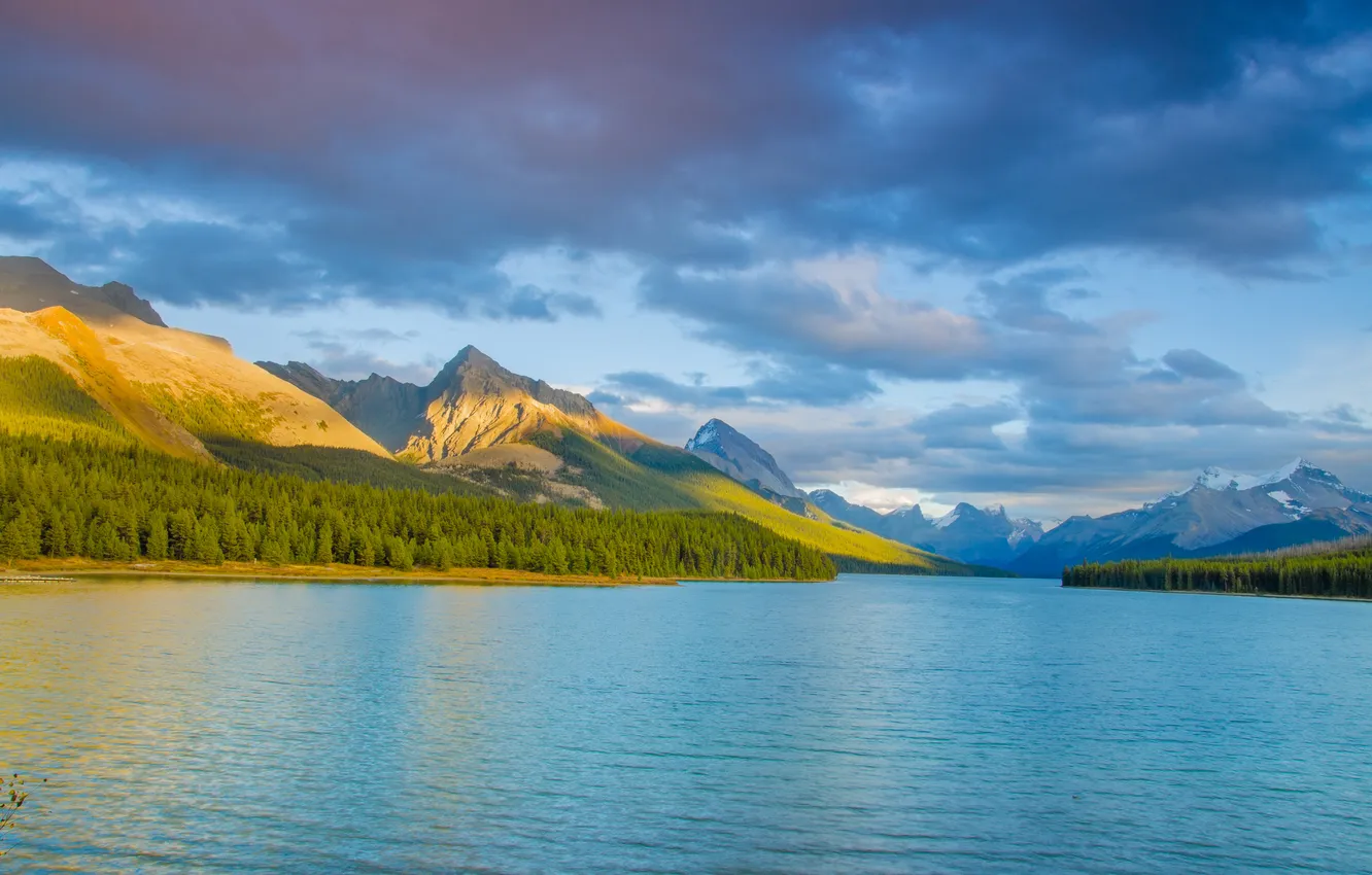 Photo wallpaper forest, the sky, clouds, mountains, lake