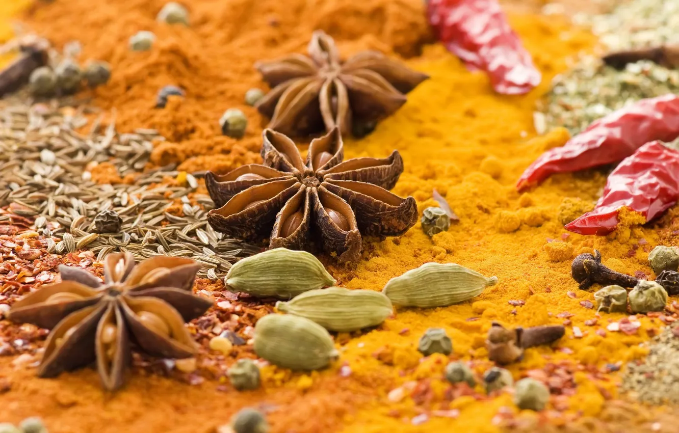 Photo wallpaper stars, pepper, spices, spices, chili, seasoning, cardamom, star anise