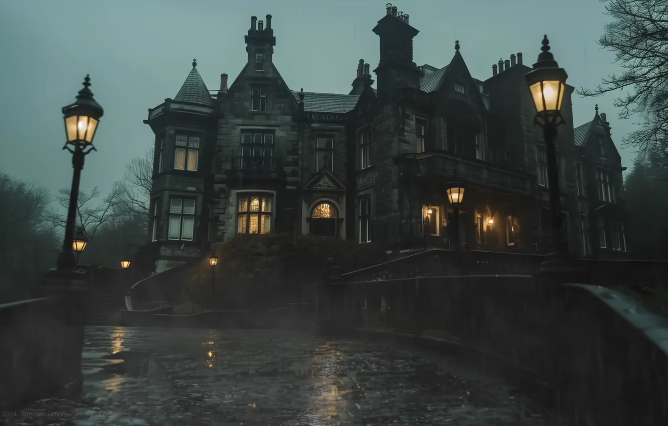 Photo wallpaper lights, dark, house, rain, castle, lamp