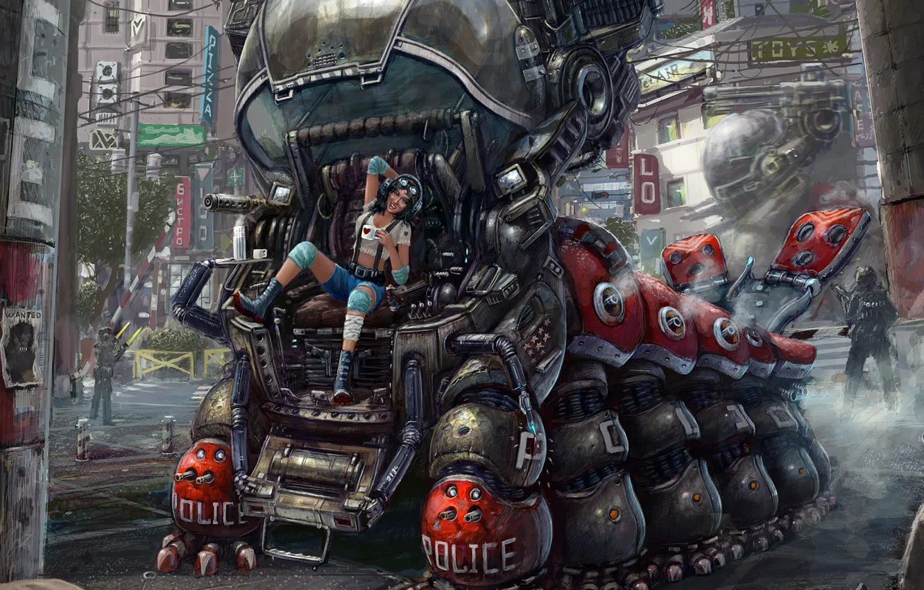 Photo wallpaper machine, girl, the city, figure, police