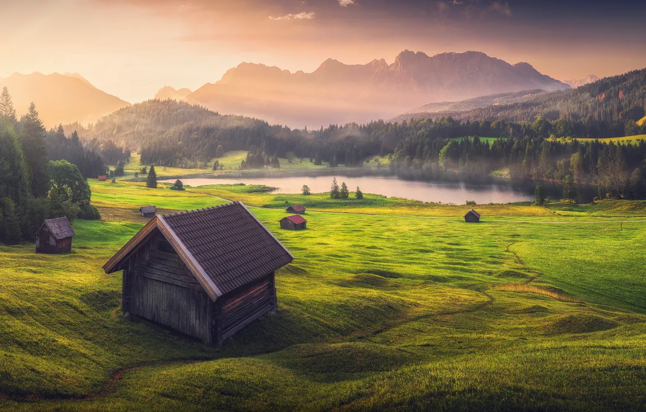 Photo wallpaper field, Alps, house