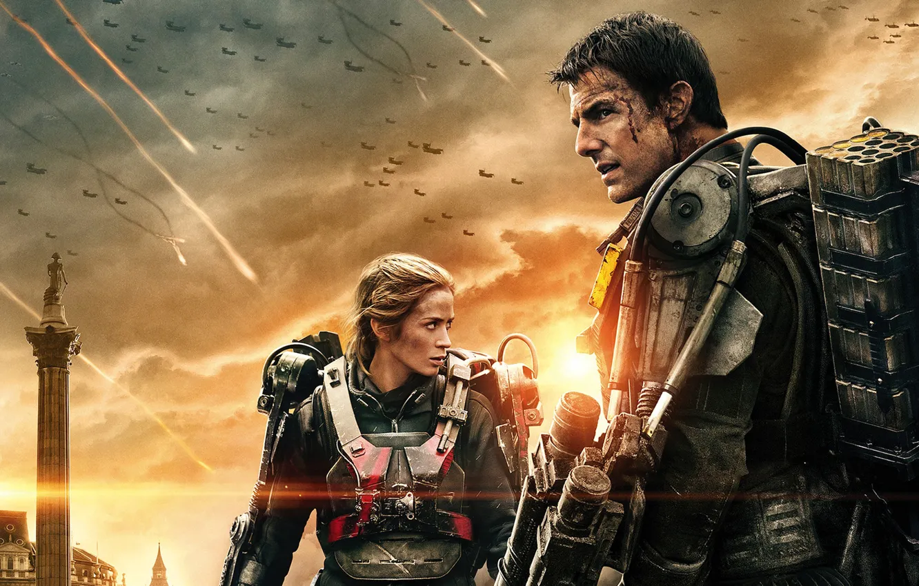 Photo wallpaper fiction, battle, poster, the exoskeleton, Tom Cruise, Emily Blunt, Emily Blunt, Tom Cruise