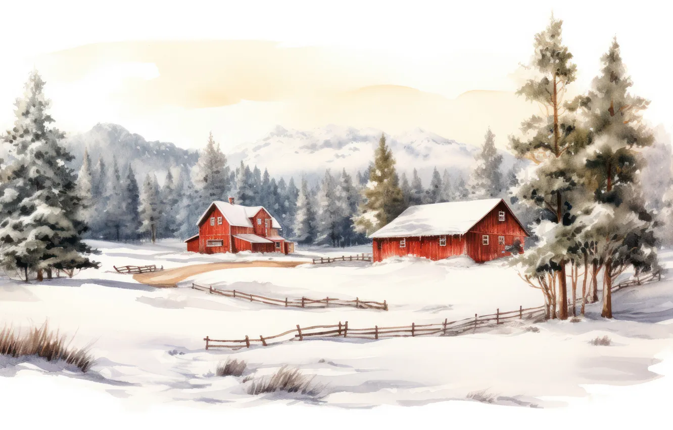 Photo wallpaper winter, frost, field, forest, snow, mountains, red, fog
