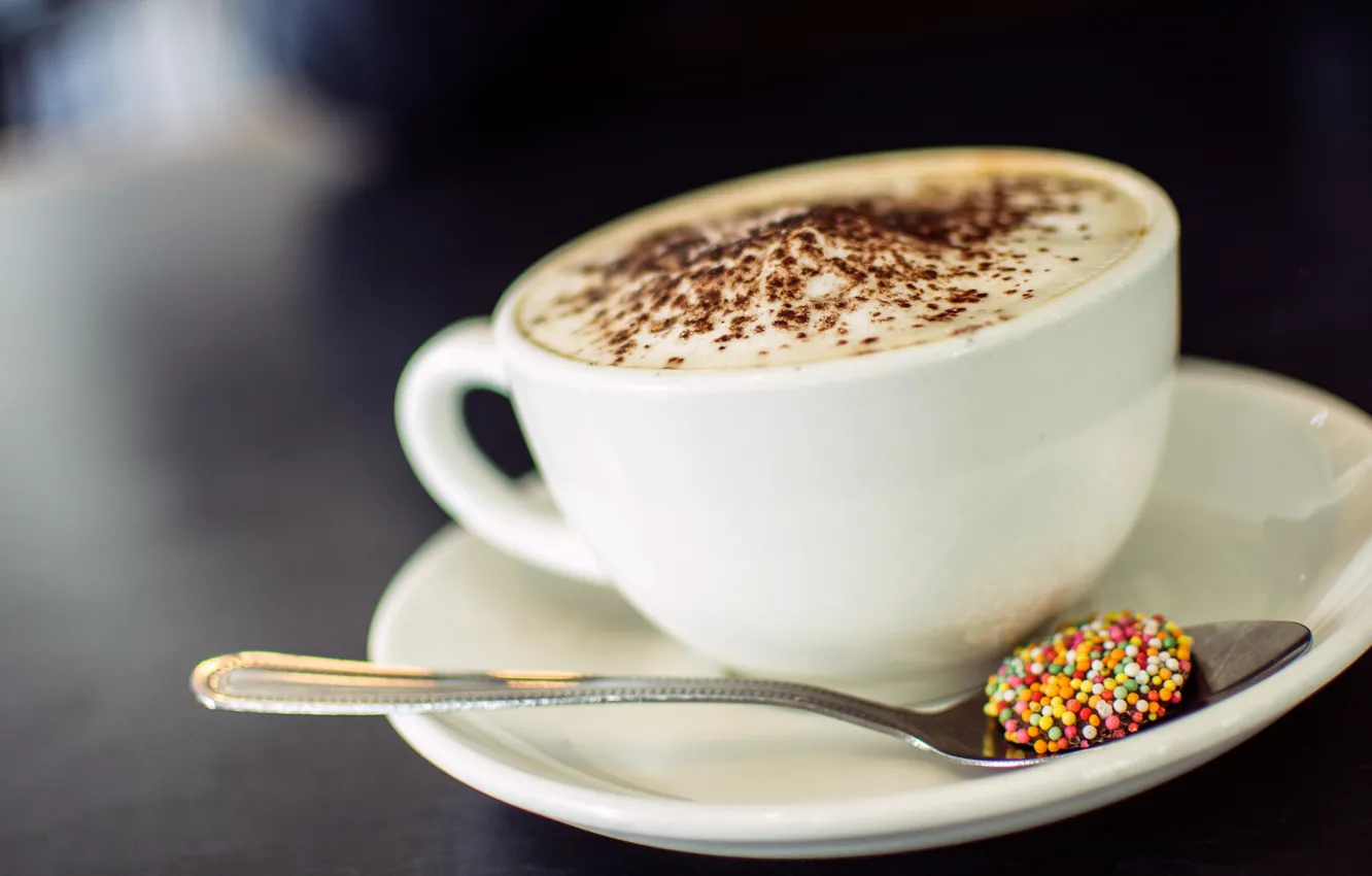 Photo wallpaper foam, coffee, chocolate, milk, spoon, Cup, candy, cappuccino