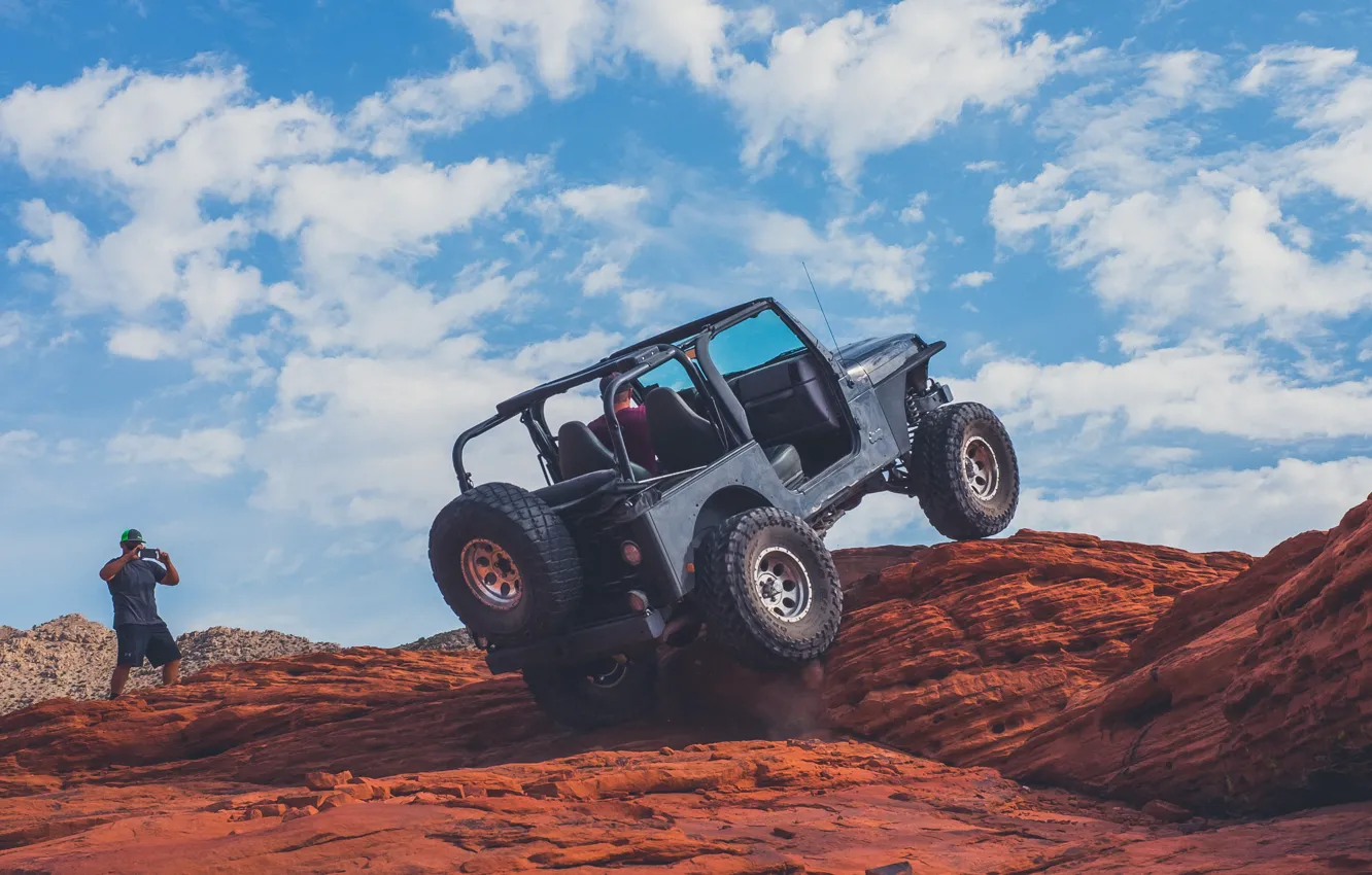 Photo wallpaper car, desert, clouds, rocks, man, Jeep, Offroad, Climb